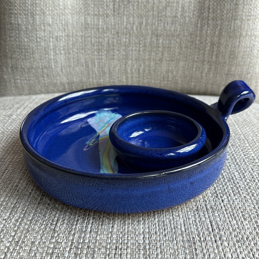Studio Pottery Handmade Candle Holder Artist Signed Colbalt Blue w/ Pastel Swirl